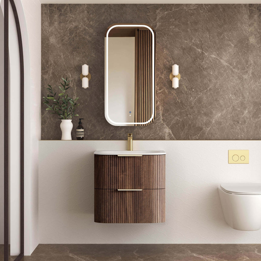 Otti 600mm Havana Sable Walnut fluted wall-hung vanity by Tilemall with single vessel basin and brass tap