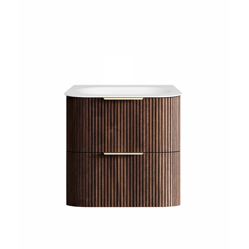 Otti Havana fluted sable walnut wall-hung vanity by Tilemall, front view with Chloe silk top basin