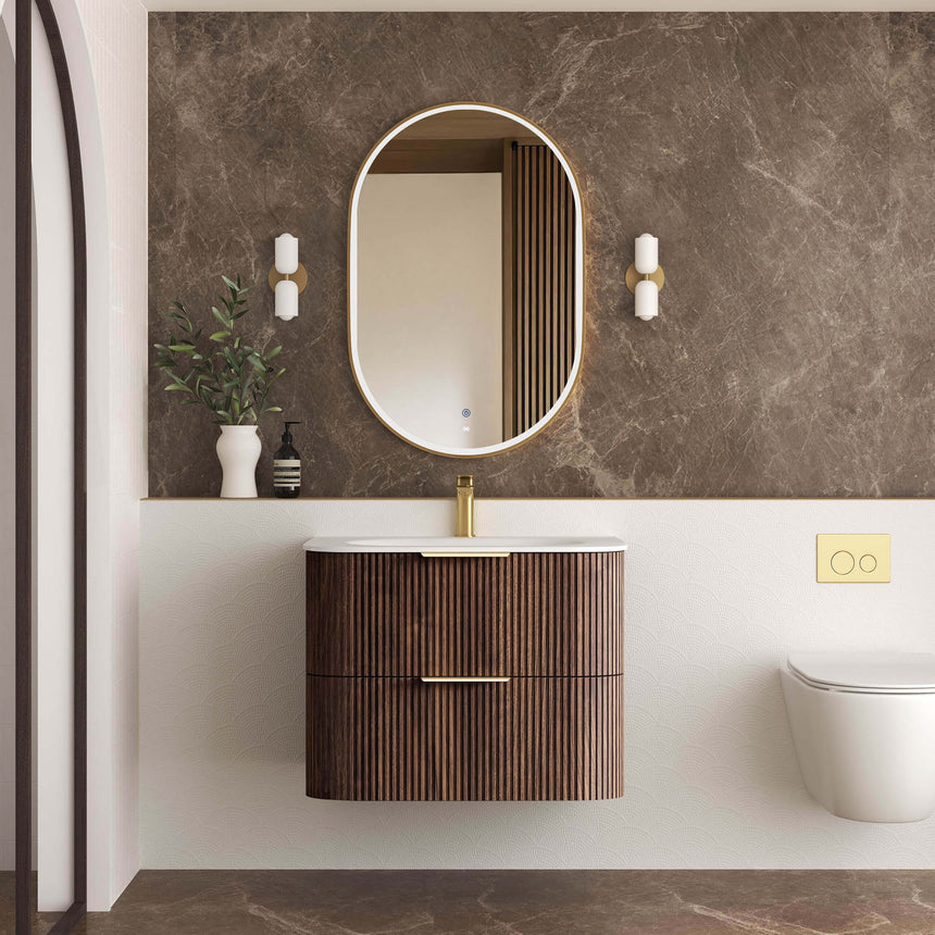 Otti 750mm Havana sable walnut fluted vanity installed in bathroom interior by Tilemall