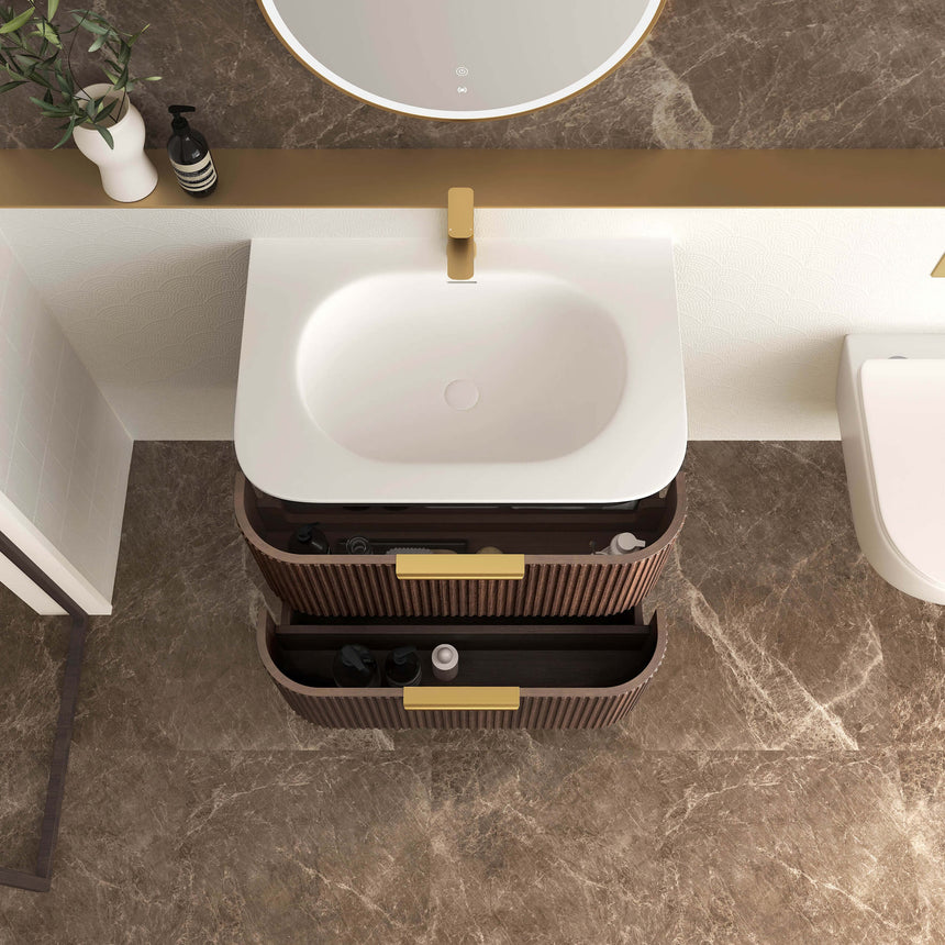 Otti Close-up of Havana vanity top drawer with fluted walnut detail and brass handle by Tilemall