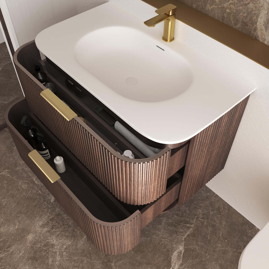 Havana Sable Walnut Fluted Wall Hung Single Basin Vanity Chloe Silk Top by Tilemall