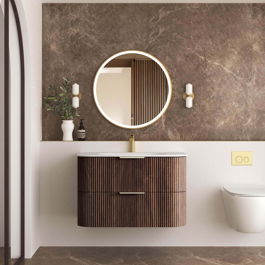 Otti 900mm Havana circular LED mirror with white frame above sable walnut fluted vanity by Tilemall