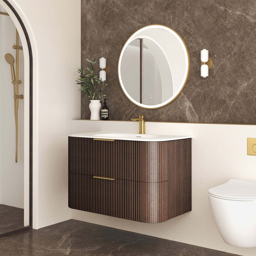 Otti Havana vanity with drawers open showing internal storage and fluted exterior by Tilemall