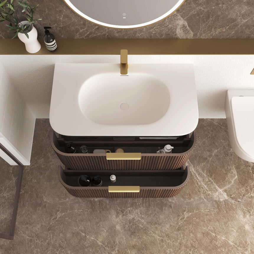 Otti Havana vanity drawer detail showing fluted walnut front and brass handle by Tilemall