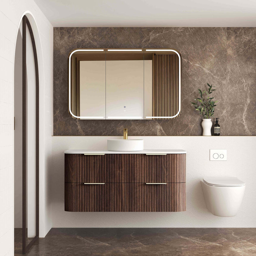 Technical dimensions diagram for Havana Fluted 1200mm vanity — front, side and top views by Tilemall