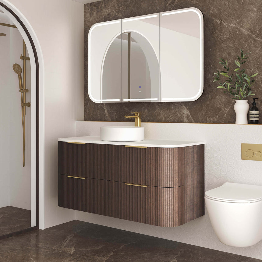 Otti Havana Fluted sable walnut wall-hung vanity with framed mirror cabinet by Tilemall in modern bathroom
