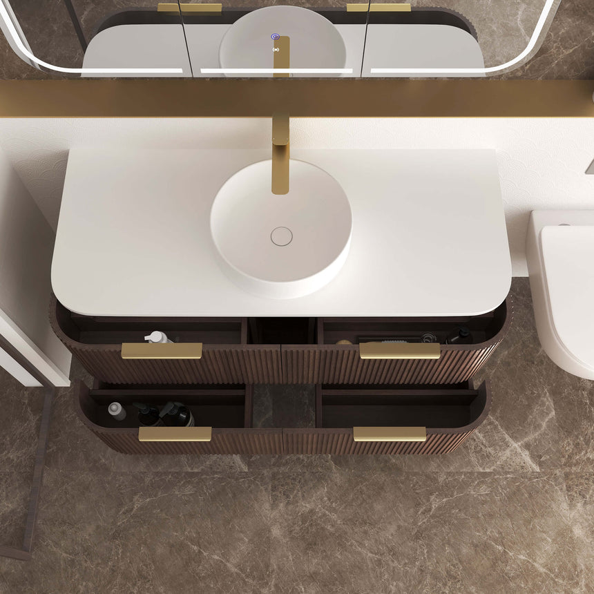 Overhead view of Havana Fluted double-drawer vanity with white porcelain basin, stone top and brass taps by Tilemall