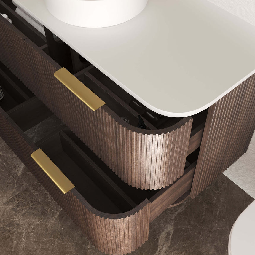 Angled close-up of Havana Fluted vanity drawers showing sable walnut fluted texture and brass hardware by Tilemall