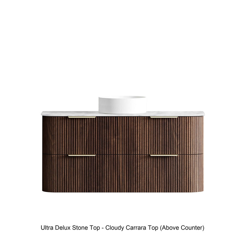 Havana Fluted sable walnut vanity with above-counter white porcelain basin and Cloudy Carrara stone top by Tilemall