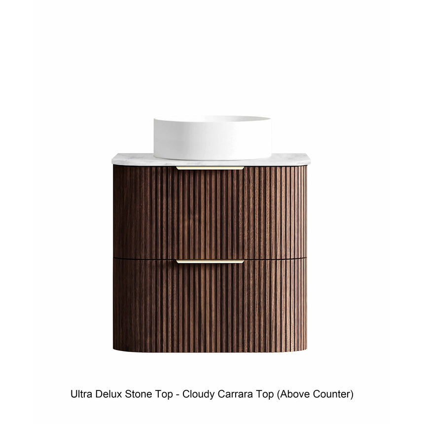 Otti Havana Fluted sable walnut vanity with Cloudy Carrara Ultra Delux stone top, single vessel basin above-counter by Tilemall