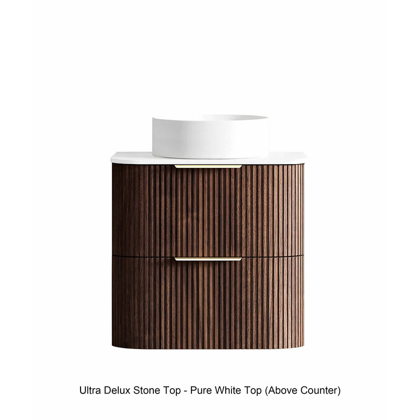 Otti Havana Fluted sable walnut vanity with Pure White Ultra Delux stone top, single vessel basin above-counter by Tilemall