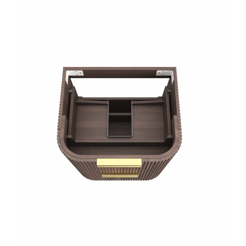 Top-down view of Otti Havana Fluted vanity interior showing sable walnut fluted cabinet with brass hardware by Tilemall