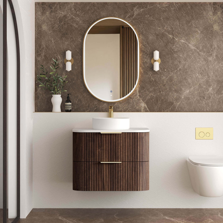 Otti Havana Fluted 750mm sable walnut wall-hung vanity by Tilemall with round mirror and vessel basin, bathroom installation