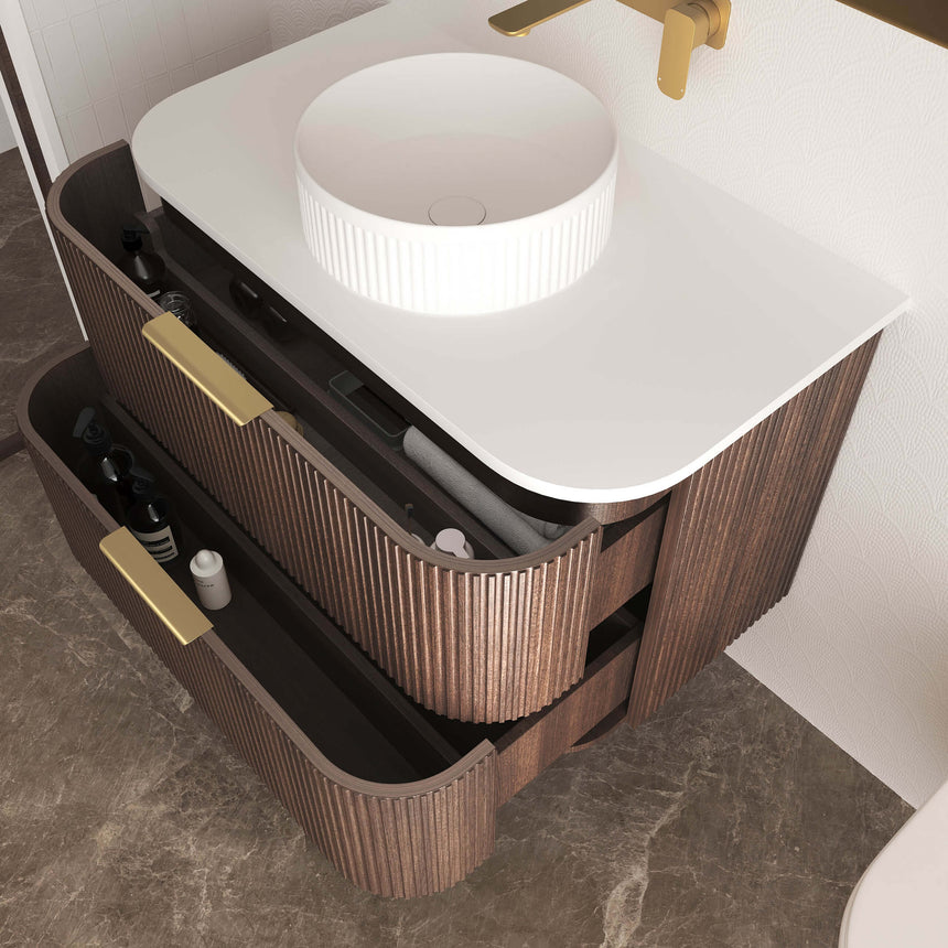 Close-up of Otti Havana Fluted vanity showing vessel basin with white ceramic finish and brass tap by Tilemall