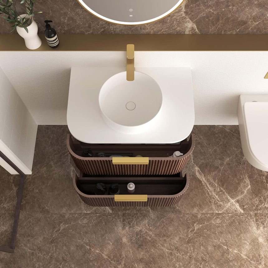 Otti Havana Fluted sable walnut vanity open drawer view, showing fluted cabinet design with brass handle by Tilemall