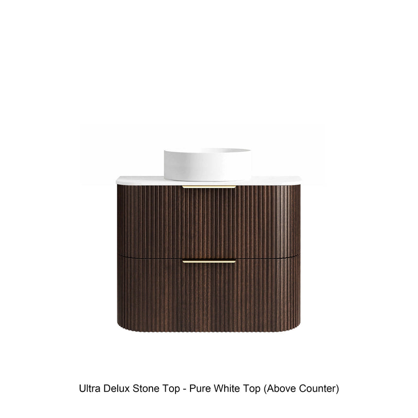 Otti Havana Fluted sable walnut wall-hung vanity with Cloudy Carrara Ultra Delux stone top, 750mm width by Tilemall