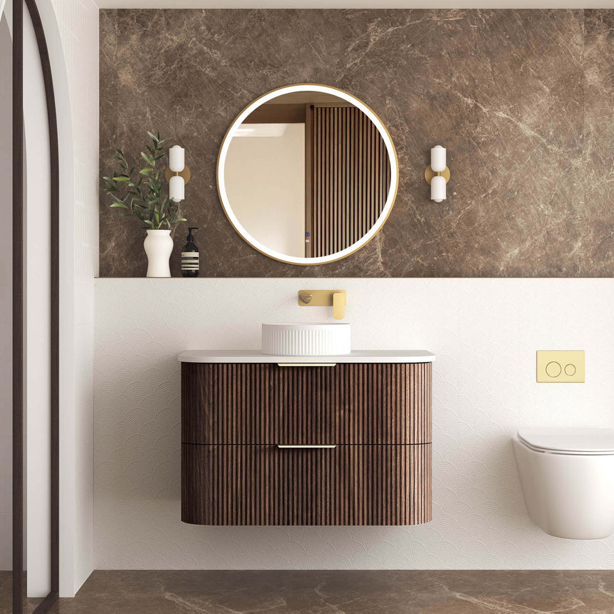 Technical dimensions diagram for Otti Havana Fluted 900mm wall-hung vanity, front and side views by Tilemall