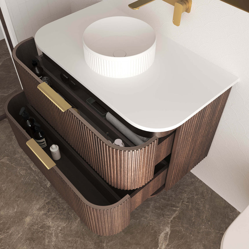 Otti Havana Fluted sable walnut wall-hung vanity by Tilemall with vessel basin and round LED mirror, bathroom scene