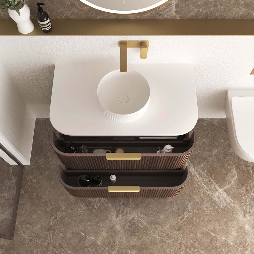 Close-up of Otti Havana Fluted vanity showing vessel basin with white ceramic and brass wall-mount tap by Tilemall