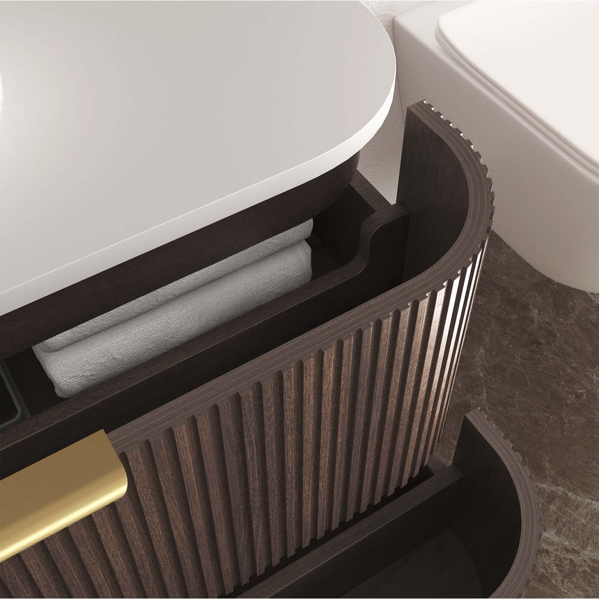 Overhead view of Otti Havana Fluted 750mm vanity with white vessel basin and stone countertop by Tilemall