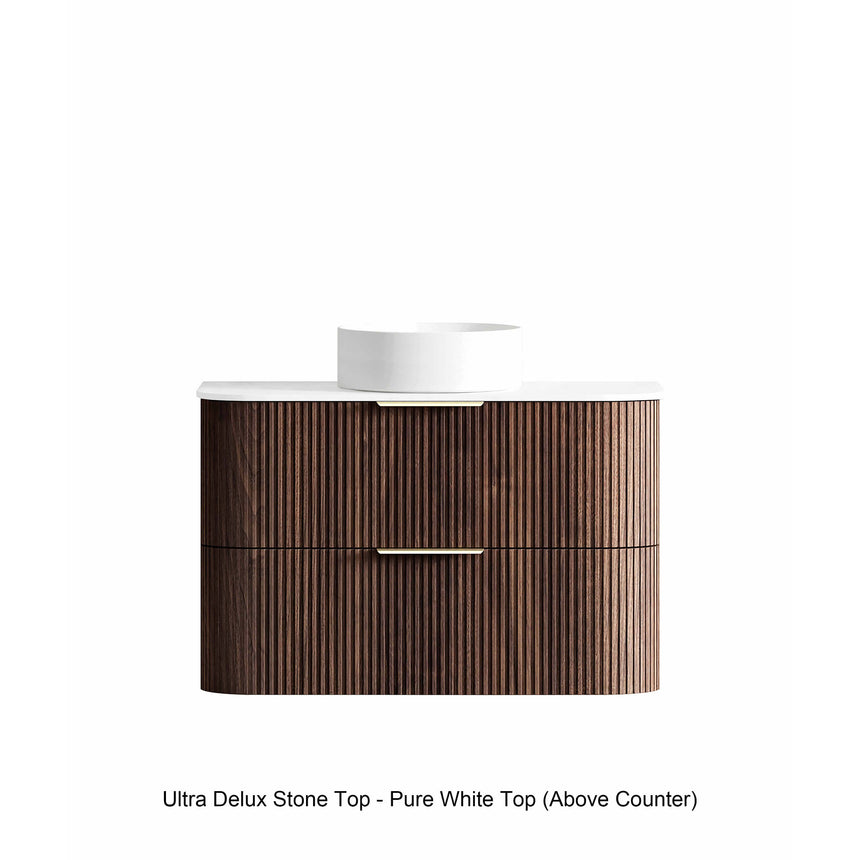 Otti Havana Fluted sable walnut vanity 900mm width with Pure White Ultra Delux stone top, vessel basin by Tilemall