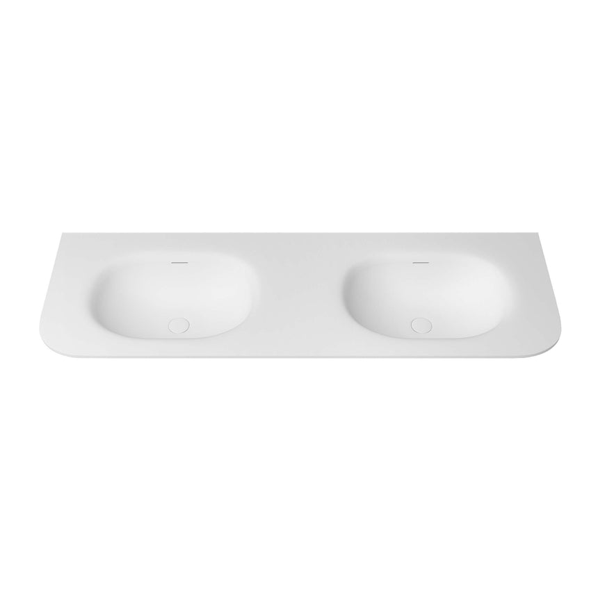 Chloe Silk top detail showing two integrated oval basins on Otti Havana Fluted vanity by Tilemall