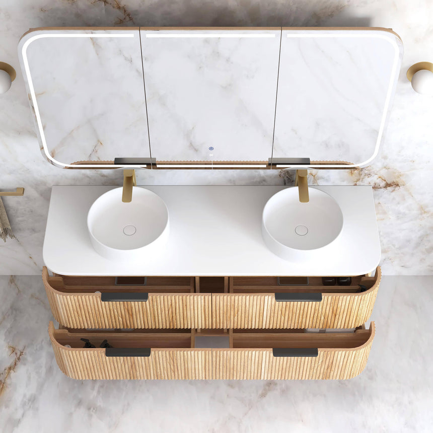 Overhead view of Otti Havana Fluted double basin vanity with two round ceramic vessel basins and mirrored cabinet above by Tilemall