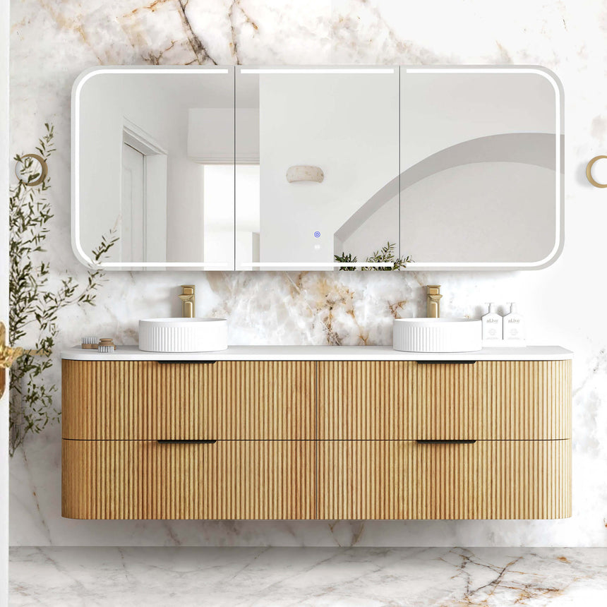 Otti Havana Fluted 1800mm vanity installed in bathroom interior with triple-door LED mirror and marble wall tile by Tilemall