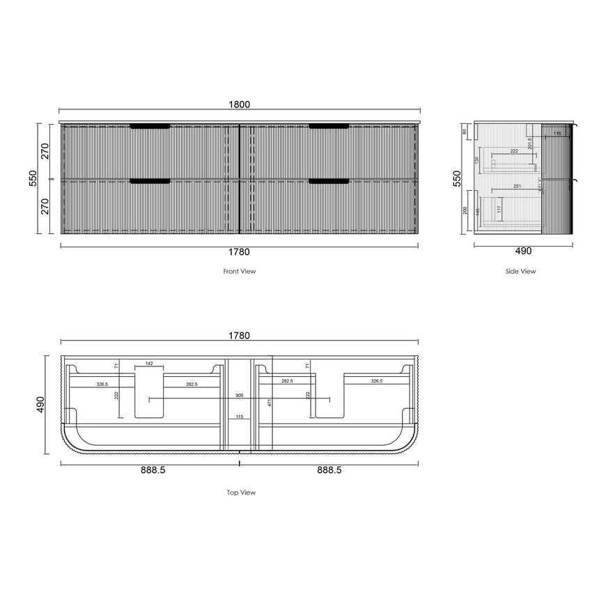 Technical dimensions diagram for Otti Havana Fluted 1800mm wall-hung vanity, front, side and top views by Tilemall