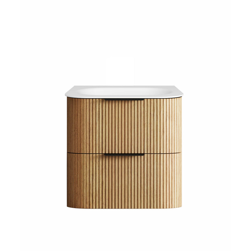 Otti Havana Fluted 600mm wall-hung vanity by Tilemall, woodland oak with fluted doors and white silk top