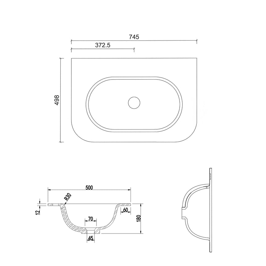 Otti Havana Fluted technical dimensions and specifications diagram for Chloe basin 745x498mm by Tilemall
