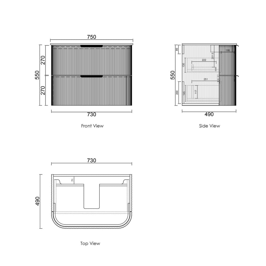 Technical dimensions diagram for Otti Havana Fluted 750mm vanity, front side and top views by Tilemall