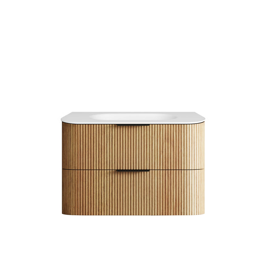 Otti Havana Fluted 900mm wall-hung vanity by Tilemall, woodland oak with two drawers and white top