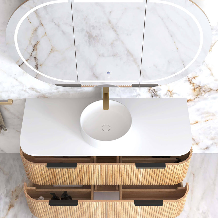 Otti Havana Fluted 900mm vanity installed in bathroom with LED mirror and wall sconces by Tilemall