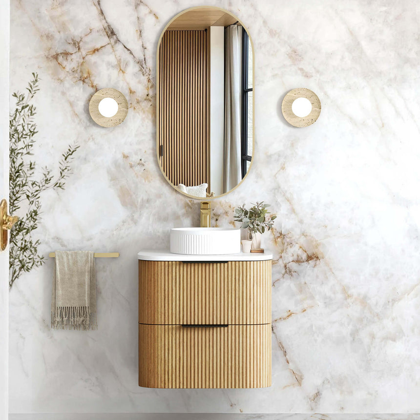Otti Havana Fluted 600mm woodland oak wall-hung vanity by Tilemall with single vessel basin and stone top