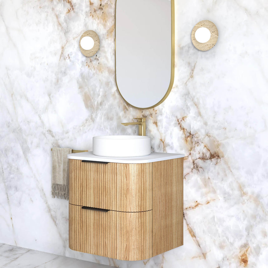 Otti Havana Fluted woodland oak wall-hung vanity by Tilemall, front view with white vessel basin