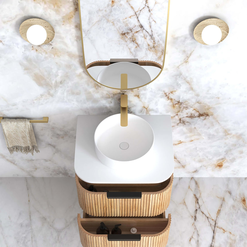 Otti Havana Fluted vanity overhead view showing white round vessel basin and drawer storage by Tilemall