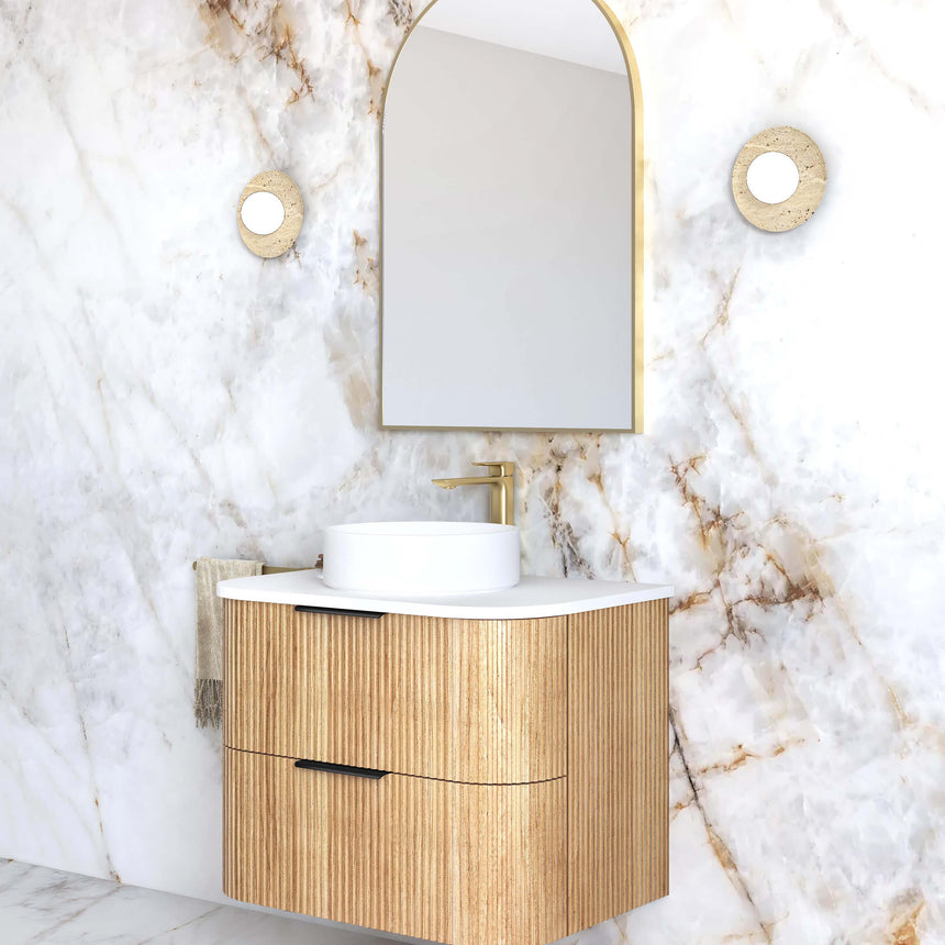 Otti Havana Fluted woodland oak wall-hung vanity by Tilemall with white stone top, side angle