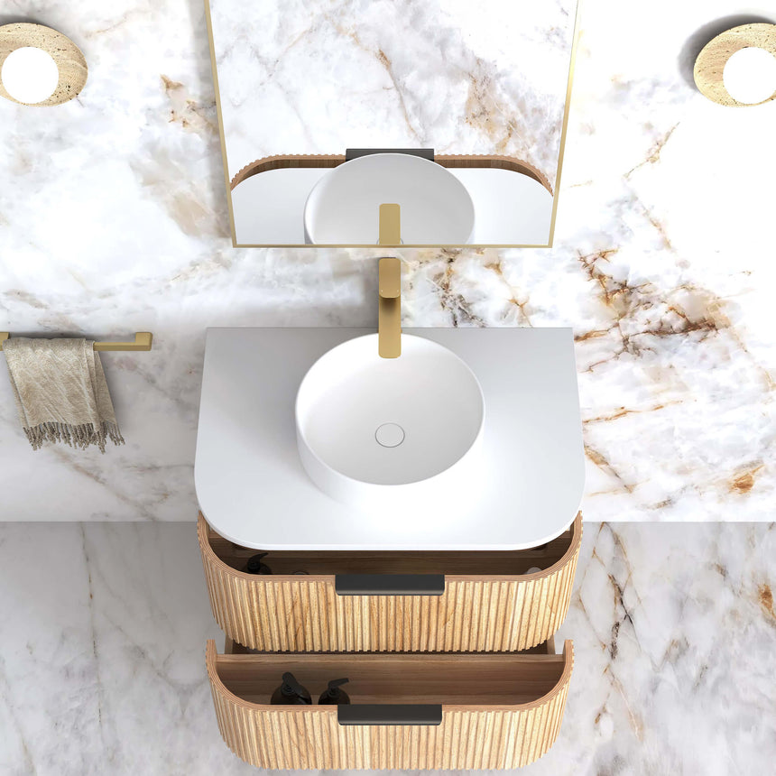 Close-up of Otti Havana Fluted vanity fluted wood detailing and white basin rim by Tilemall