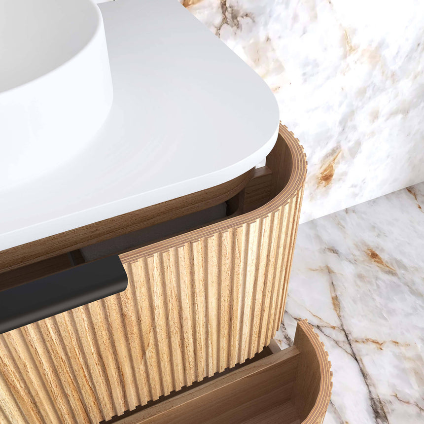 Otti Havana Fluted woodland oak vanity detail showing curved drawer pull and opening by Tilemall