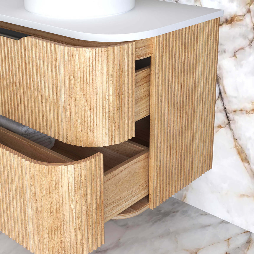 Otti Havana Fluted vanity full-length installed view with mirror and wall sconces by Tilemall