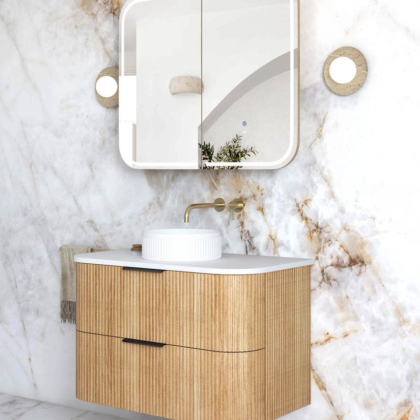 Otti Havana Fluted woodland oak vanity with white stone top, bathroom interior view by Tilemall
