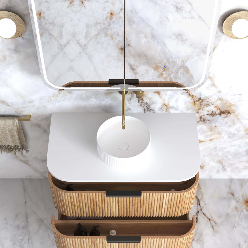 Close-up of Otti Havana Fluted vanity fluted wood grain and white basin detail by Tilemall