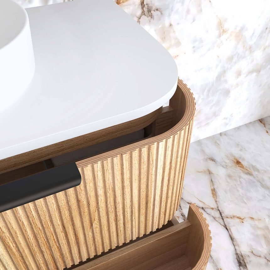 Otti Havana Fluted vanity front elevation with white stone top and white vessel basin by Tilemall
