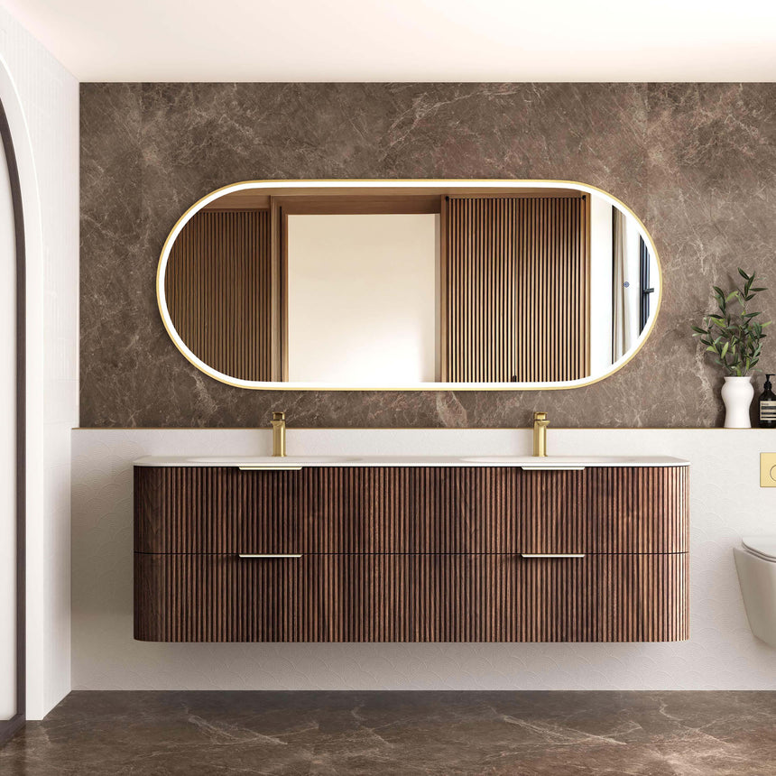 Otti Havana Fluted 1800mm sable walnut wall-hung vanity installed in bathroom interior with oval LED mirror by Tilemall