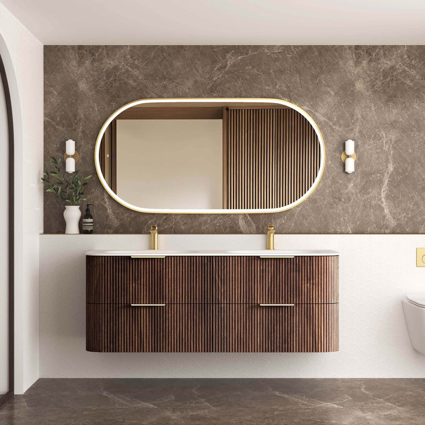 Otti Havana Fluted sable walnut 1500mm wall-hung vanity by Tilemall with double vessel basins and brass taps