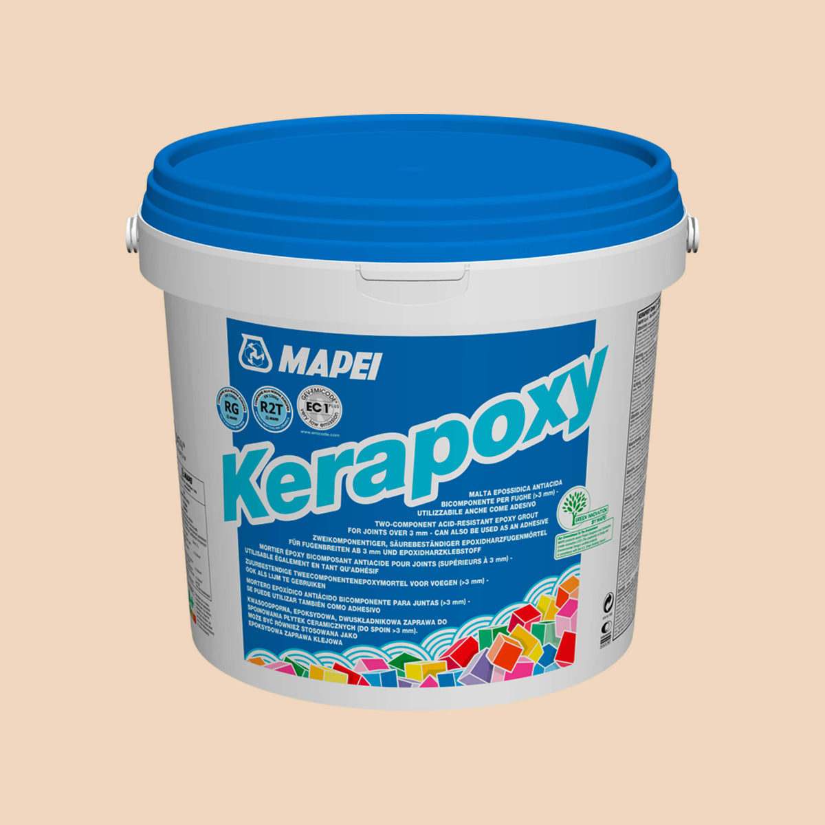 Mapei Kerapoxy epoxy grout 10kg beige 132 by Tilemall, two-component acid-resistant tile grout in white bucket with blue lid