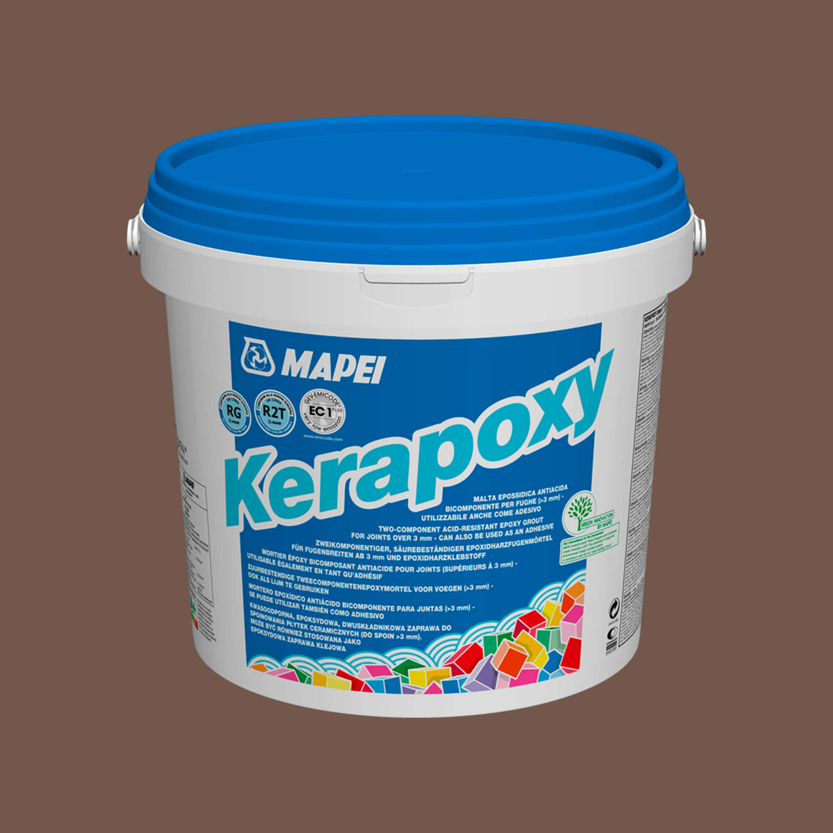 Mapei Kerapoxy 5kg 5kg chocolate epoxy grout by Tilemall, two-component acid-resistant formula in white bucket with blue lid