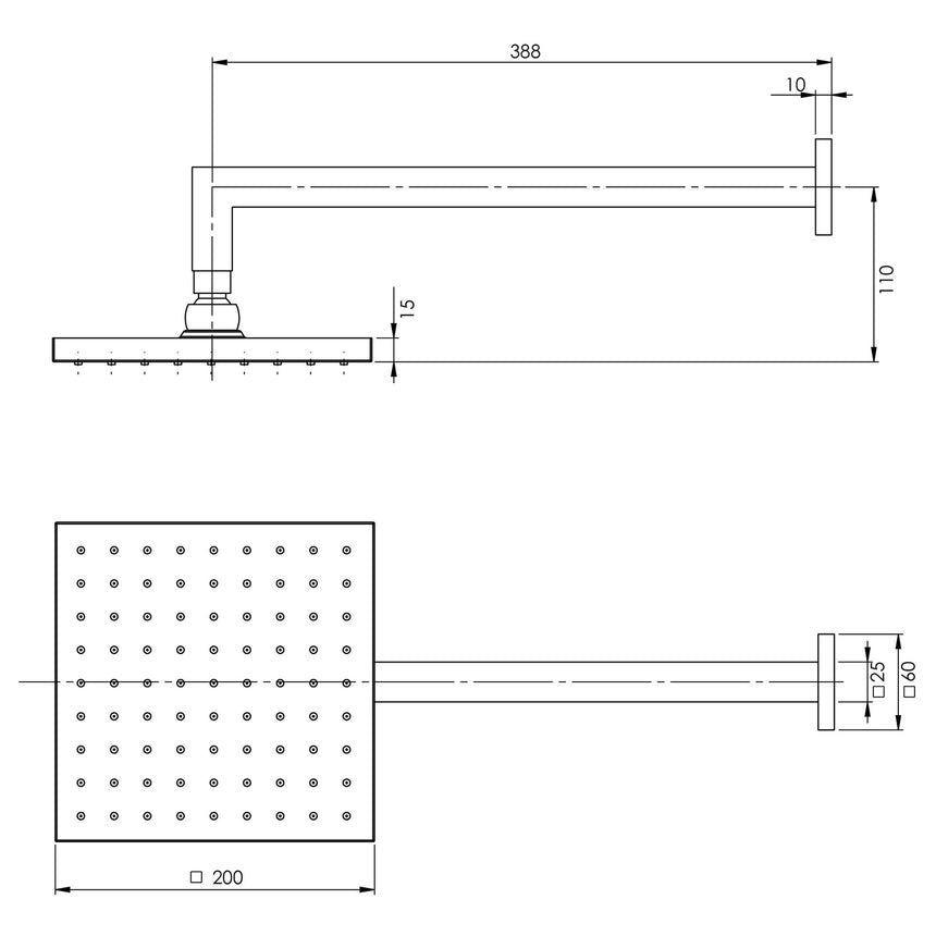 Installation dimensions for Phoenix Lexi shower arm showing 388mm and 200mm specifications by Tilemall
