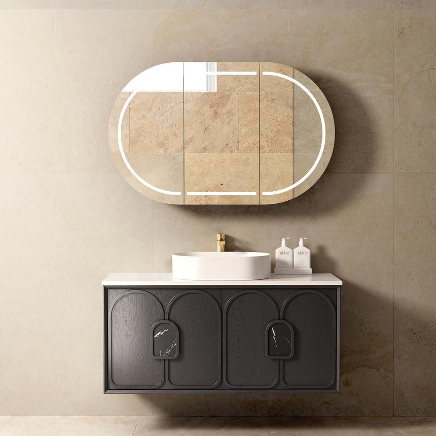 Technical dimensions diagram for Otti Laguna MK II 1200mm wall-hung vanity by Tilemall